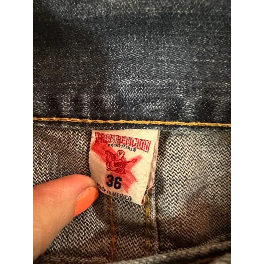 True Religion Mens Straight Flap Jeans Orange Stitching Distressed Size 36